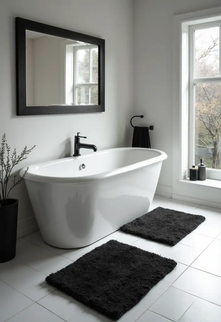 50 Black and White Bathroom Ideas That Feel Chic and Sophisticated - 36. Minimalist Bath Mats