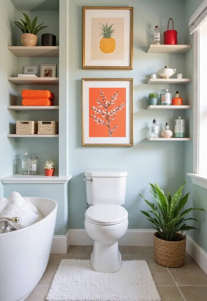 50 Black and White Bathroom Ideas That Feel Chic and Sophisticated - 43. Artful Shelving Arrangements