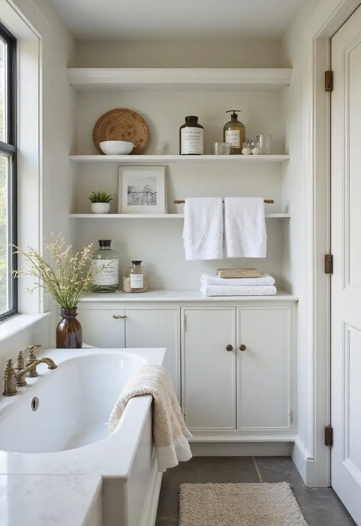 50 Black and White Bathroom Ideas That Feel Chic and Sophisticated - 8. Open Shelving Elegance