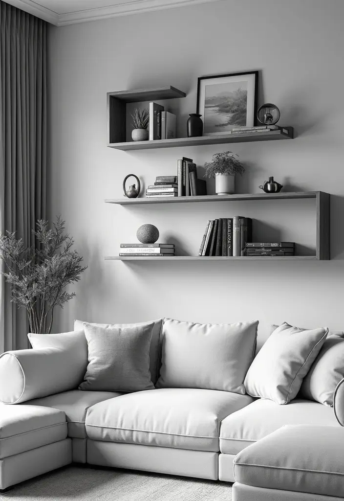 50 Black and White Living Room Ideas That Look Modern and Elegant 10 50 Black and White Living Room Ideas That Look Modern and Elegant - 10. Decorative Shelving