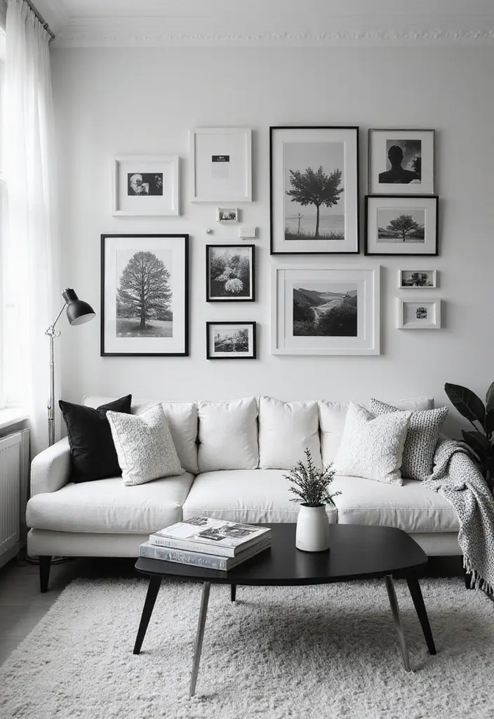 50 Black and White Living Room Ideas That Look Modern and Elegant 13 50 Black and White Living Room Ideas That Look Modern and Elegant - 13. Artwork Gallery Wall