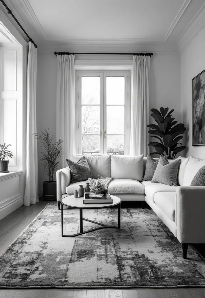 50 Black and White Living Room Ideas That Look Modern and Elegant 14 50 Black and White Living Room Ideas That Look Modern and Elegant - 14. Artistic Floor Coverings