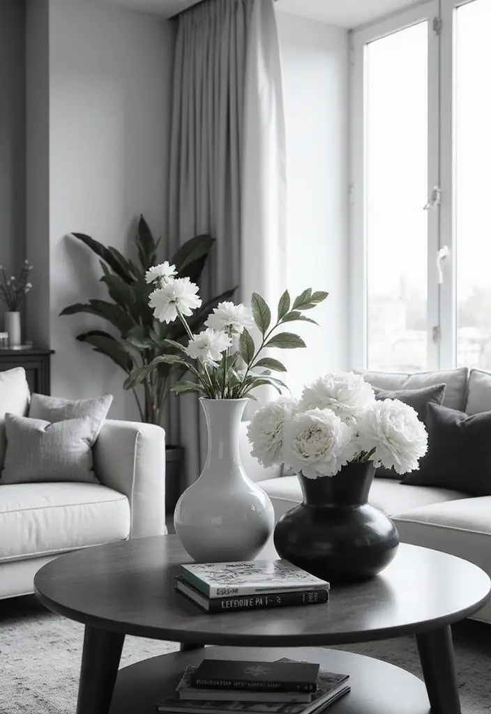 50 Black and White Living Room Ideas That Look Modern and Elegant 16 50 Black and White Living Room Ideas That Look Modern and Elegant - 16. Monochrome Floral Arrangements