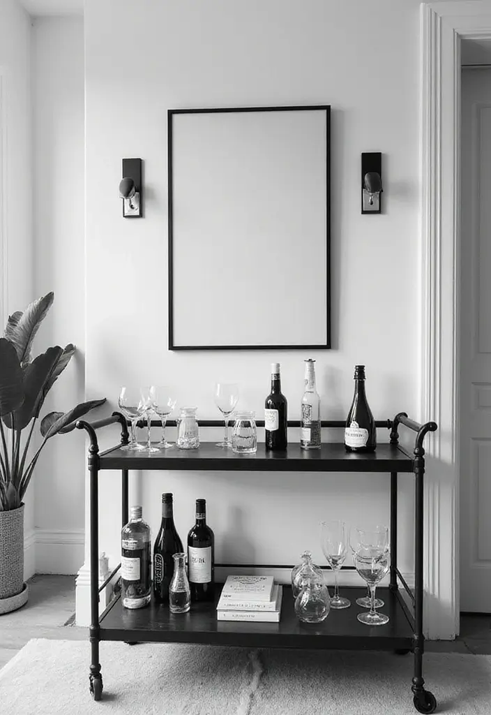 50 Black and White Living Room Ideas That Look Modern and Elegant 26 50 Black and White Living Room Ideas That Look Modern and Elegant - 24. Modern Bar Carts