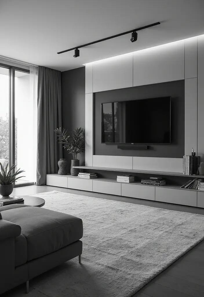 50 Black and White Living Room Ideas That Look Modern and Elegant 28 50 Black and White Living Room Ideas That Look Modern and Elegant - 26. Integrated Technology