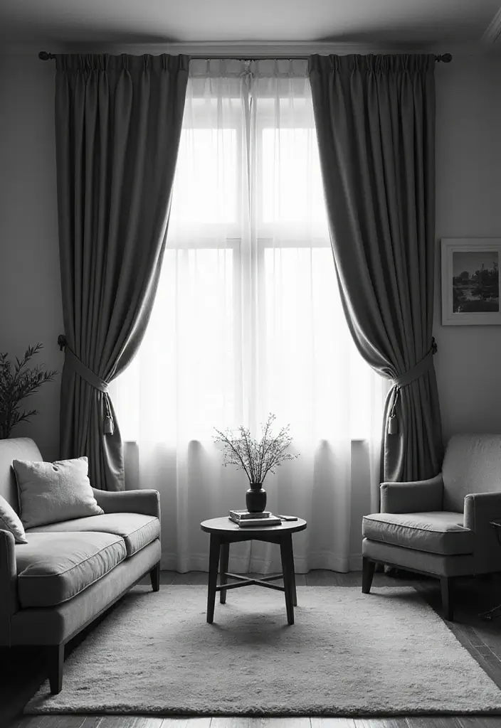 50 Black and White Living Room Ideas That Look Modern and Elegant 29 50 Black and White Living Room Ideas That Look Modern and Elegant - 27. Elegant Curtains
