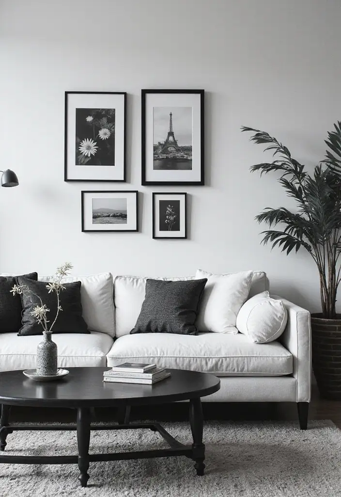 50 Black and White Living Room Ideas That Look Modern and Elegant 31 50 Black and White Living Room Ideas That Look Modern and Elegant - 29. Monochrome Wall Decor