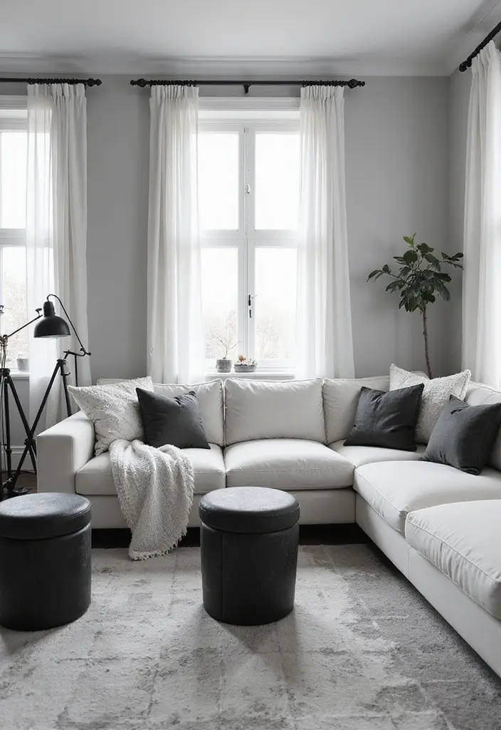 50 Black and White Living Room Ideas That Look Modern and Elegant 32 50 Black and White Living Room Ideas That Look Modern and Elegant - 30. Chic Stools and Ottomans