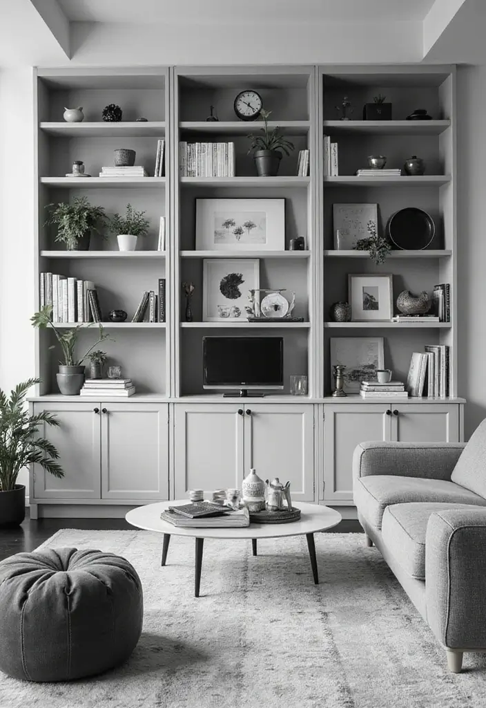 50 Black and White Living Room Ideas That Look Modern and Elegant 33 50 Black and White Living Room Ideas That Look Modern and Elegant - 31. Customized Shelving Units