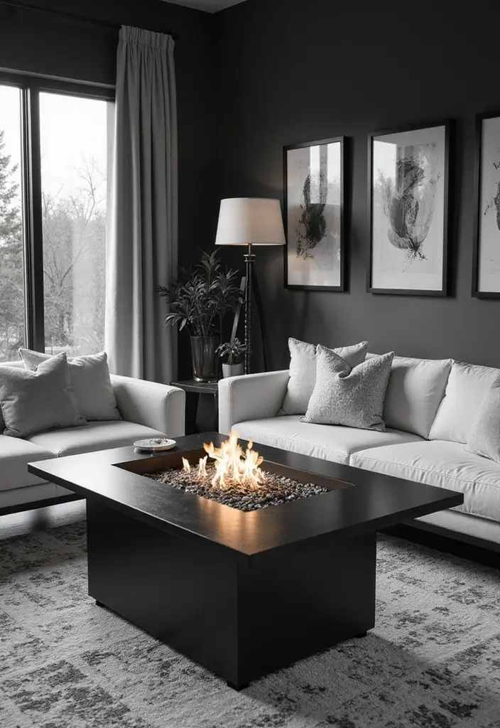 50 Black and White Living Room Ideas That Look Modern and Elegant 36 50 Black and White Living Room Ideas That Look Modern and Elegant - 34. Cozy Fire Pit Tables
