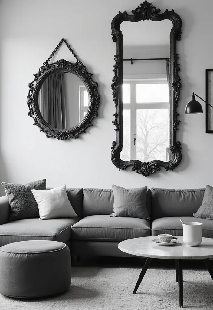 50 Black and White Living Room Ideas That Look Modern and Elegant 44 50 Black and White Living Room Ideas That Look Modern and Elegant - 40. Elegant Wall Mirrors