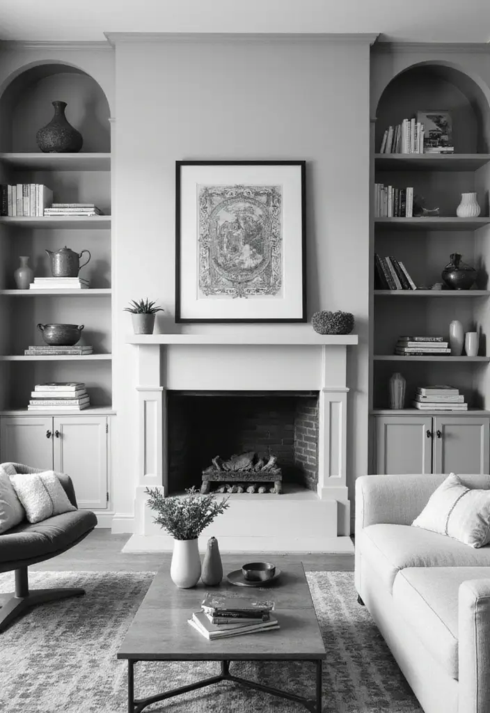 50 Black and White Living Room Ideas That Look Modern and Elegant 52 50 Black and White Living Room Ideas That Look Modern and Elegant - 48. Open Shelving for Display