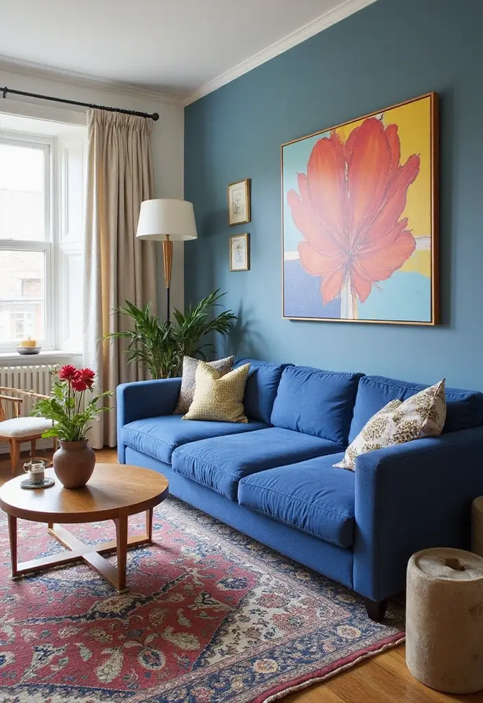 50 Blue Couch Living Room Ideas That Make a Bold Statement 16 50 Blue Couch Living Room Ideas That Make a Bold Statement - 16. Bright Accents
