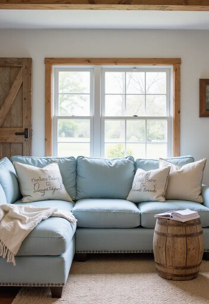 50 Blue Couch Living Room Ideas That Make a Bold Statement 22 50 Blue Couch Living Room Ideas That Make a Bold Statement - 20. Cozy Farmhouse