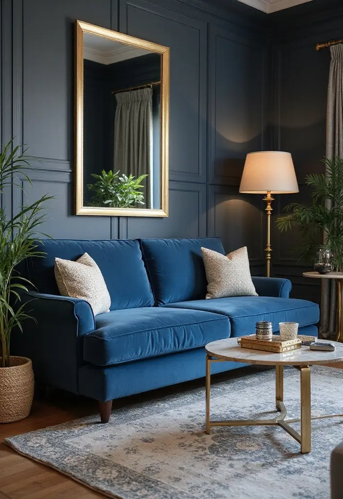 50 Blue Couch Living Room Ideas That Make a Bold Statement 25 50 Blue Couch Living Room Ideas That Make a Bold Statement - 23. Sophisticated Glam