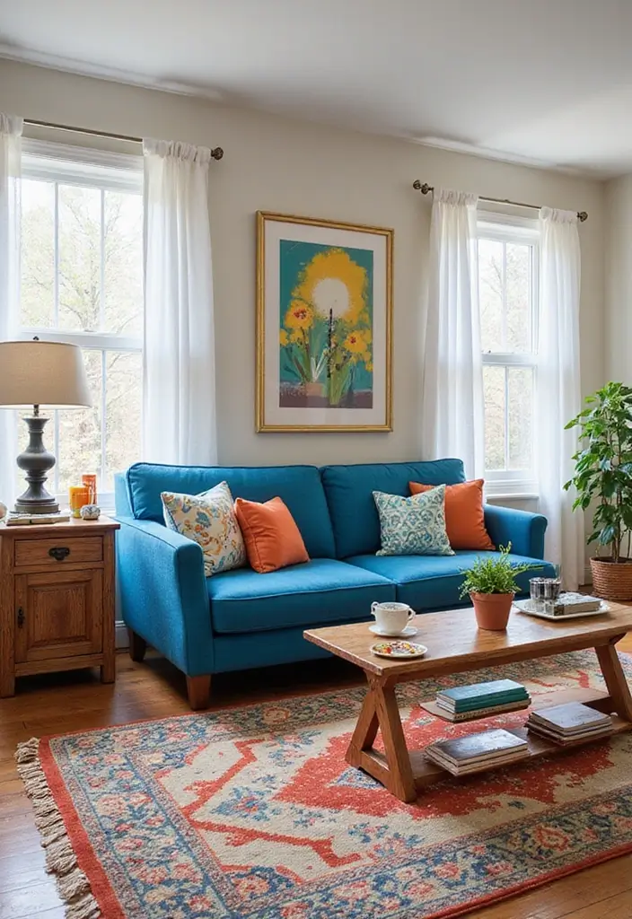 50 Blue Couch Living Room Ideas That Make a Bold Statement 28 50 Blue Couch Living Room Ideas That Make a Bold Statement - 26. Cheerful Mix