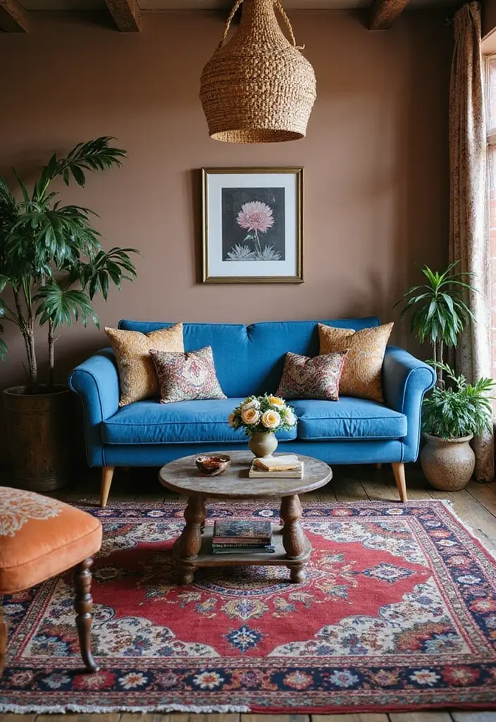 50 Blue Couch Living Room Ideas That Make a Bold Statement 29 50 Blue Couch Living Room Ideas That Make a Bold Statement - 27. Eclectic Boho