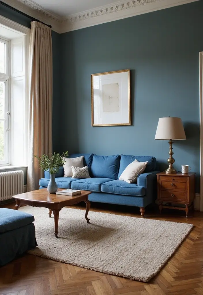 50 Blue Couch Living Room Ideas That Make a Bold Statement 31 50 Blue Couch Living Room Ideas That Make a Bold Statement - 29. Timeless Heritage