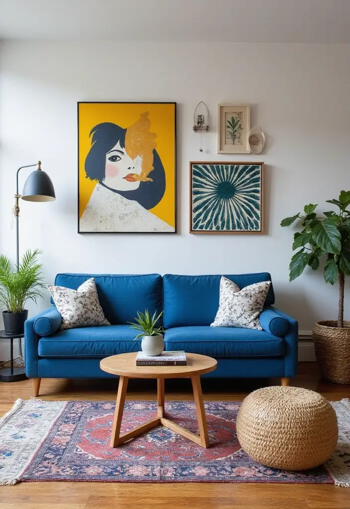 50 Blue Couch Living Room Ideas That Make a Bold Statement 44 50 Blue Couch Living Room Ideas That Make a Bold Statement - 40. Artistic Expression