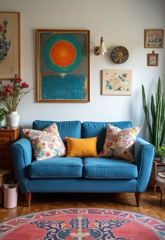 50 Blue Couch Living Room Ideas That Make a Bold Statement 51 50 Blue Couch Living Room Ideas That Make a Bold Statement - 47. Eclectic Artisan
