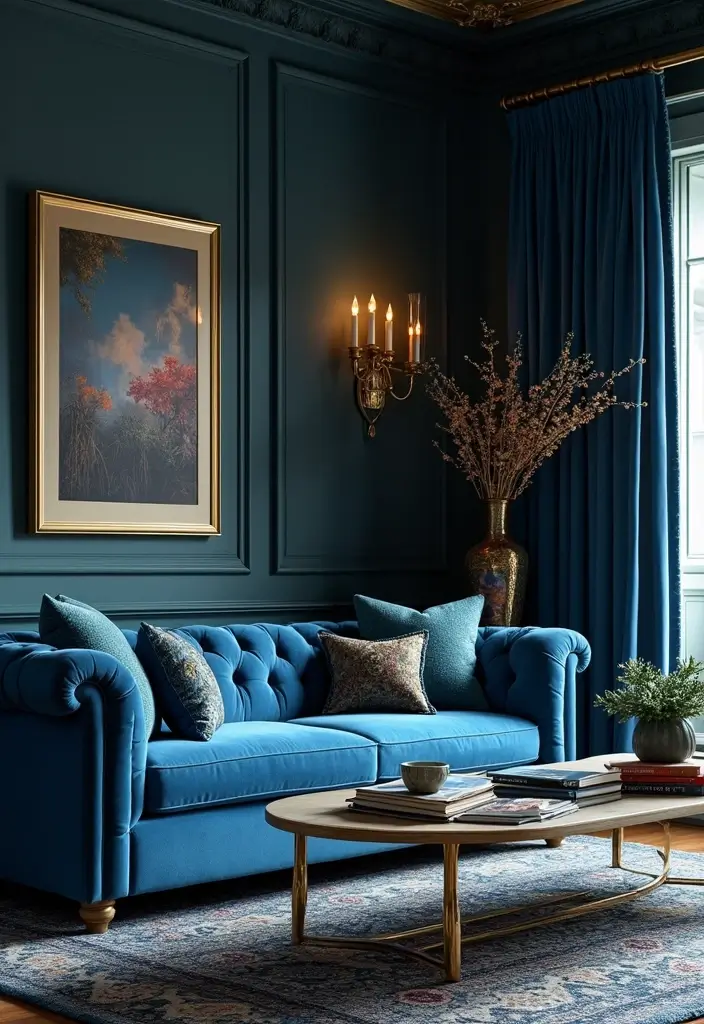 50 Blue Couch Living Room Ideas That Make a Bold Statement 53 50 Blue Couch Living Room Ideas That Make a Bold Statement - 49. Regal Retreat