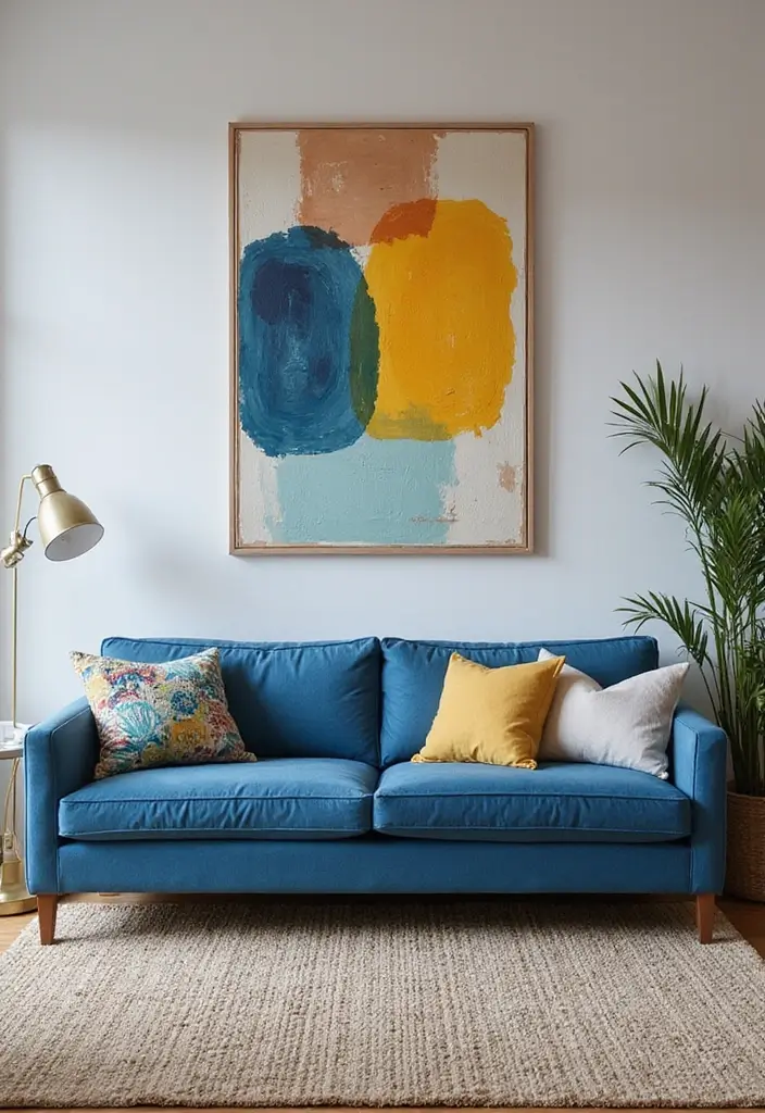 50 Blue Couch Living Room Ideas That Make a Bold Statement 54 50 Blue Couch Living Room Ideas That Make a Bold Statement - 50. Artistic Harmony