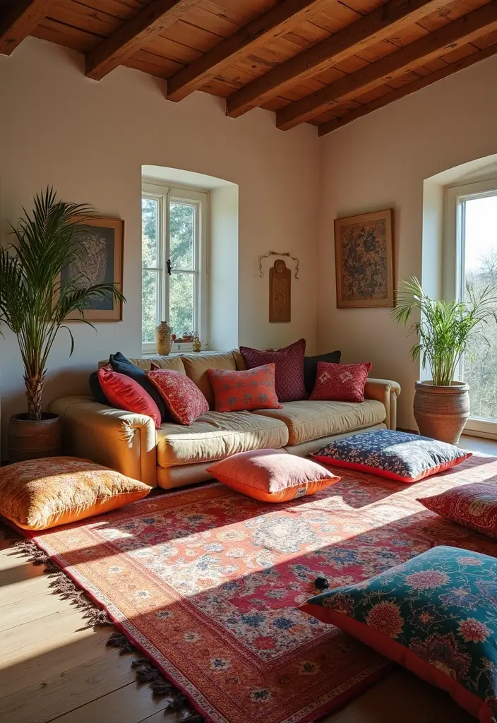 50 Boho Style Living Room Ideas Full of Charm and Character 22 50 Boho Style Living Room Ideas Full of Charm and Character - 22. Cozy Floor Cushions