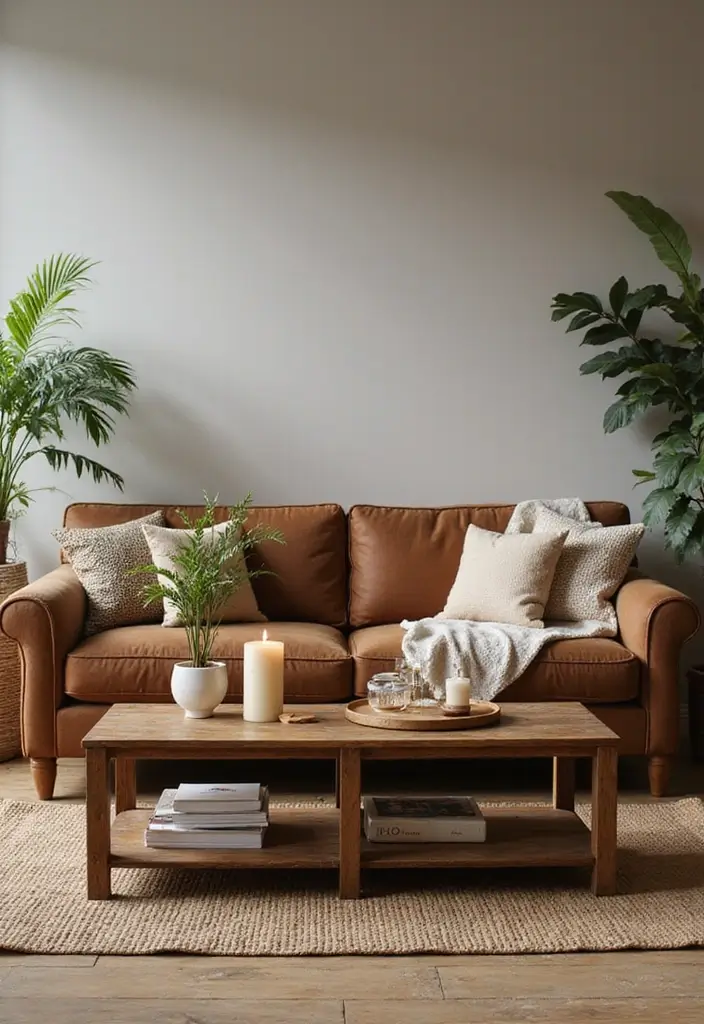 50 Brown Sofa Living Room Ideas That Feel Warm and Inviting 13 50 Brown Sofa Living Room Ideas That Feel Warm and Inviting - 13. Curated Coffee Table Styling