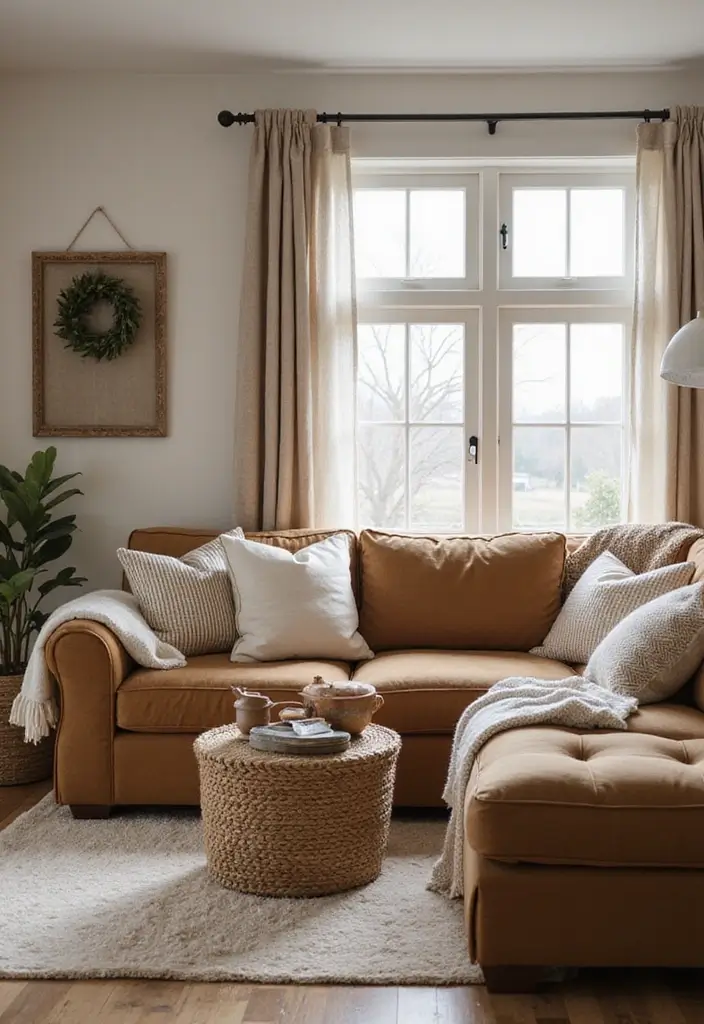 50 Brown Sofa Living Room Ideas That Feel Warm and Inviting 16 50 Brown Sofa Living Room Ideas That Feel Warm and Inviting - 16. Farmhouse Style with Soft Fabrics