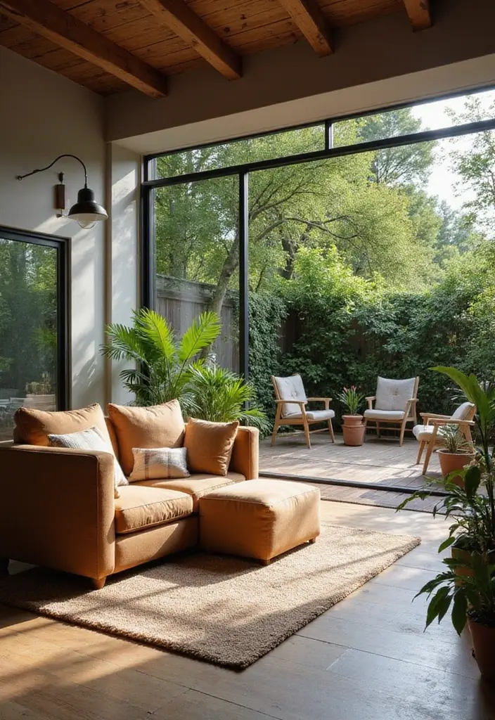 50 Brown Sofa Living Room Ideas That Feel Warm and Inviting 17 50 Brown Sofa Living Room Ideas That Feel Warm and Inviting - 17. Indoor-Outdoor Connection