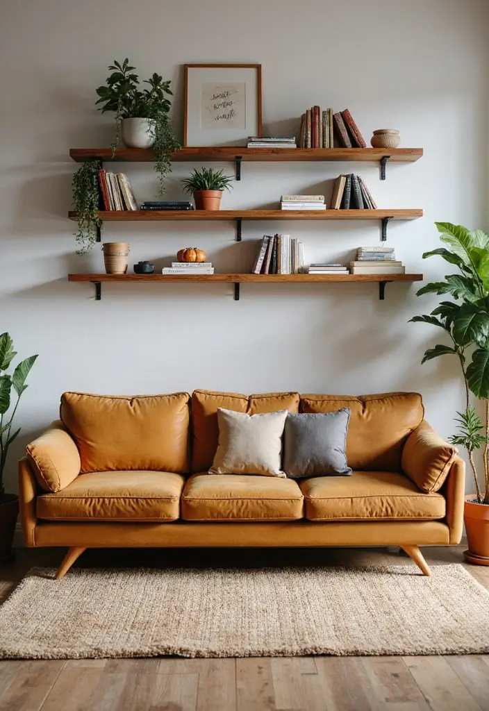 50 Brown Sofa Living Room Ideas That Feel Warm and Inviting 22 50 Brown Sofa Living Room Ideas That Feel Warm and Inviting - 20. Layered Wall Shelves