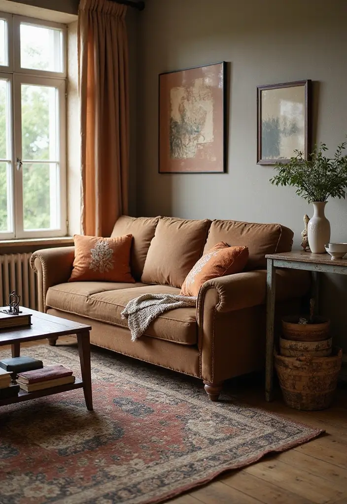 50 Brown Sofa Living Room Ideas That Feel Warm and Inviting 28 50 Brown Sofa Living Room Ideas That Feel Warm and Inviting - 26. Vintage Finds as Decor