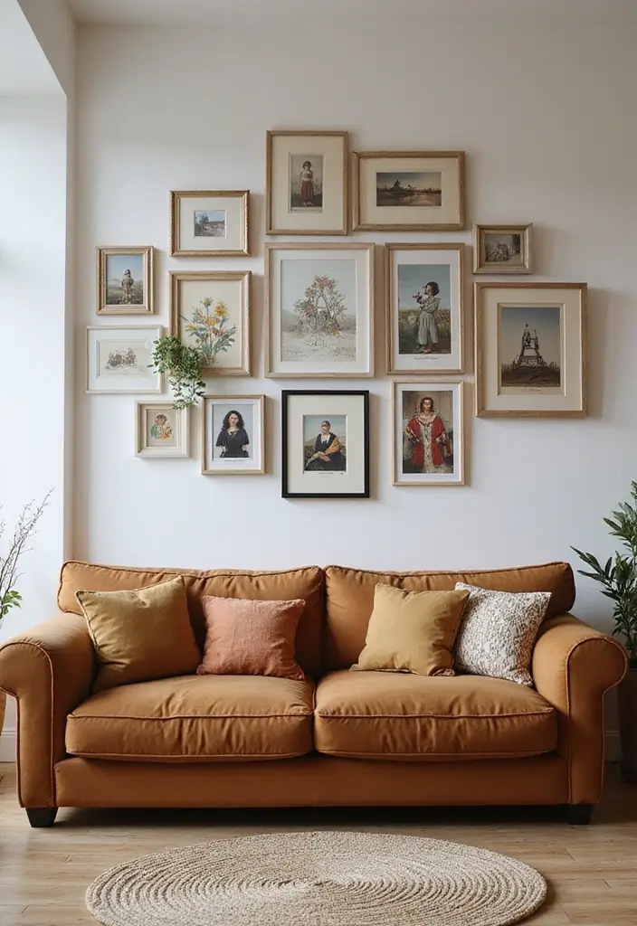 50 Brown Sofa Living Room Ideas That Feel Warm and Inviting 3 50 Brown Sofa Living Room Ideas That Feel Warm and Inviting - 3. Gallery Wall Accents