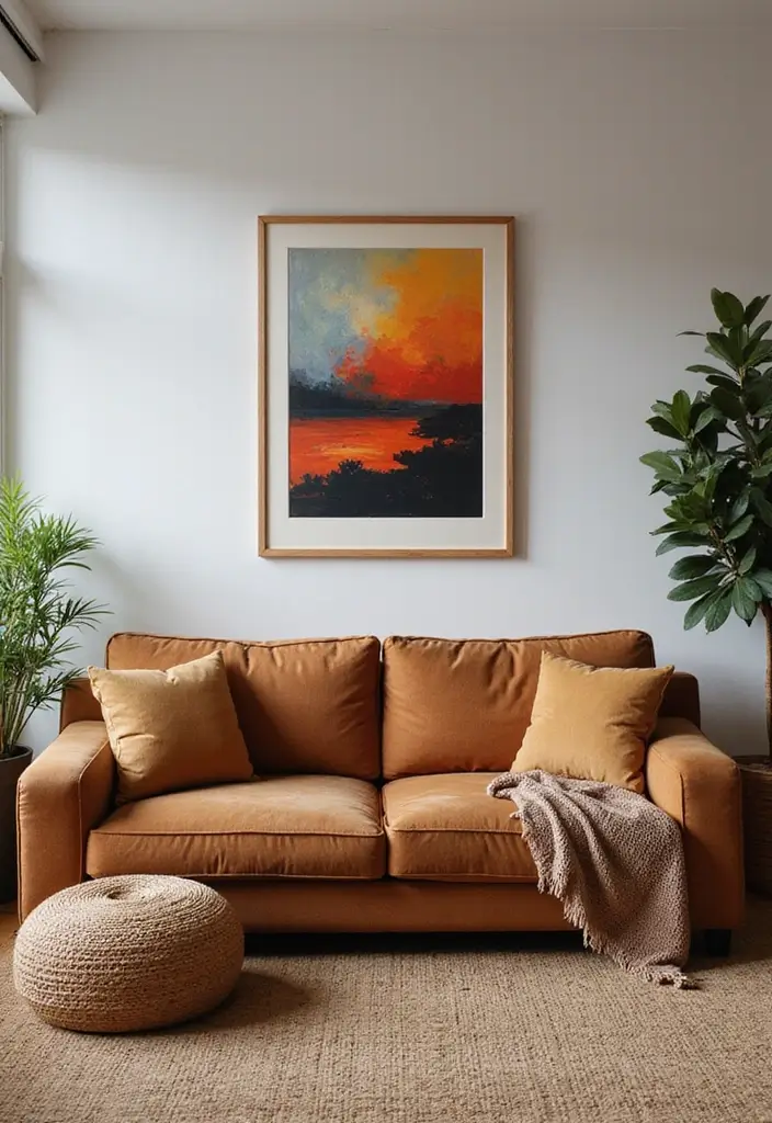50 Brown Sofa Living Room Ideas That Feel Warm and Inviting 35 50 Brown Sofa Living Room Ideas That Feel Warm and Inviting - 33. Bold Artwork Statements