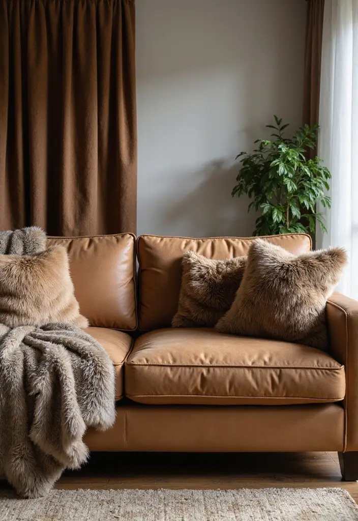50 Brown Sofa Living Room Ideas That Feel Warm and Inviting 40 50 Brown Sofa Living Room Ideas That Feel Warm and Inviting - 36. Faux Fur Accents