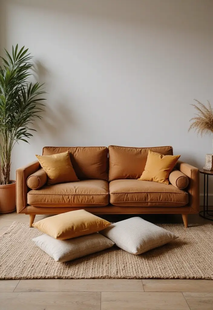 50 Brown Sofa Living Room Ideas That Feel Warm and Inviting 41 50 Brown Sofa Living Room Ideas That Feel Warm and Inviting - 37. Cozy Floor Cushions