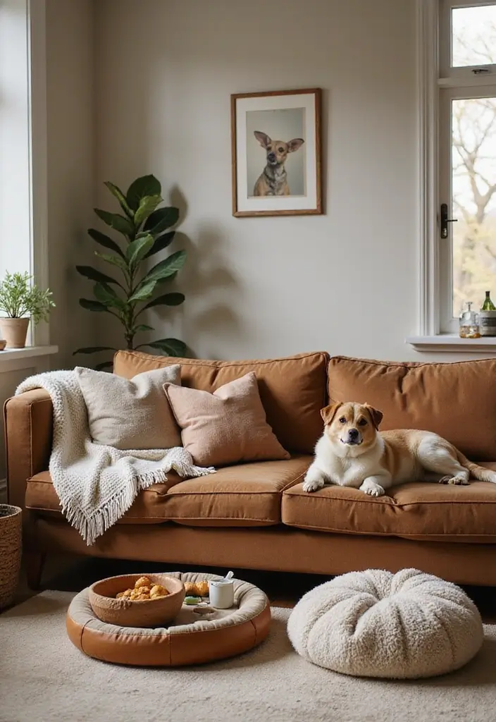 50 Brown Sofa Living Room Ideas That Feel Warm and Inviting 47 50 Brown Sofa Living Room Ideas That Feel Warm and Inviting - 43. Cozy Pet-Friendly Decor