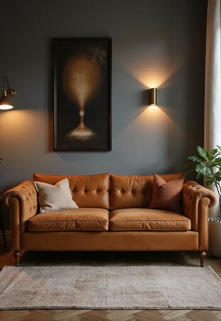 50 Brown Sofa Living Room Ideas That Feel Warm and Inviting 49 50 Brown Sofa Living Room Ideas That Feel Warm and Inviting - 45. Warm Metal Accents
