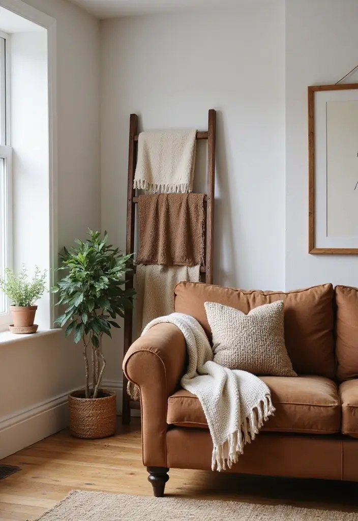 50 Brown Sofa Living Room Ideas That Feel Warm and Inviting 50 50 Brown Sofa Living Room Ideas That Feel Warm and Inviting - 46. Cozy Blanket Ladder
