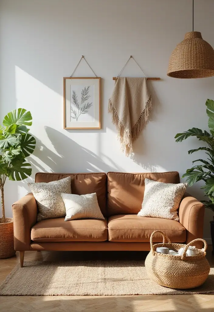 50 Brown Sofa Living Room Ideas That Feel Warm and Inviting 52 50 Brown Sofa Living Room Ideas That Feel Warm and Inviting - 48. Outdoor-Inspired Textiles