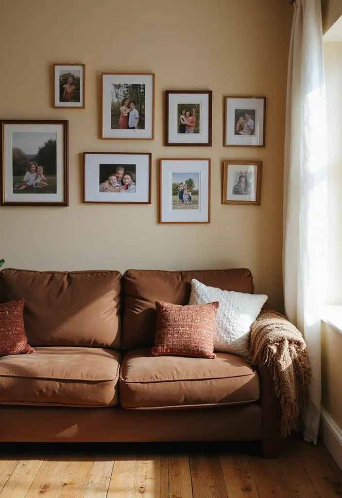 50 Brown Sofa Living Room Ideas That Feel Warm and Inviting 54 50 Brown Sofa Living Room Ideas That Feel Warm and Inviting - 50. Personal Touch with Family Photos