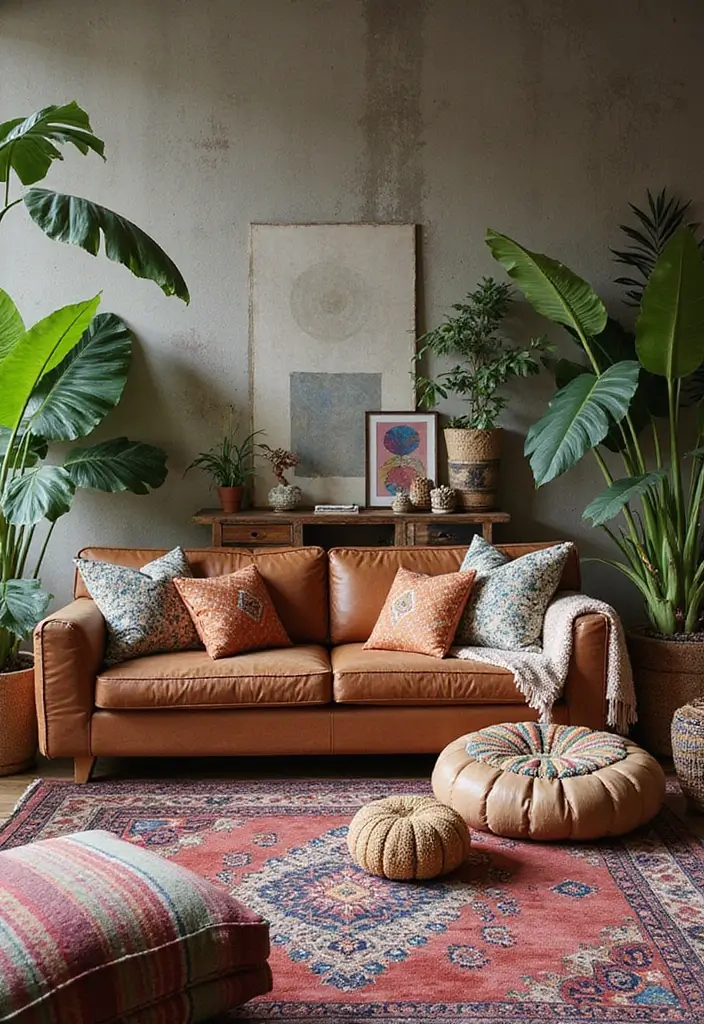 50 Brown Sofa Living Room Ideas That Feel Warm and Inviting 6 50 Brown Sofa Living Room Ideas That Feel Warm and Inviting - 6. Bohemian Style Layers