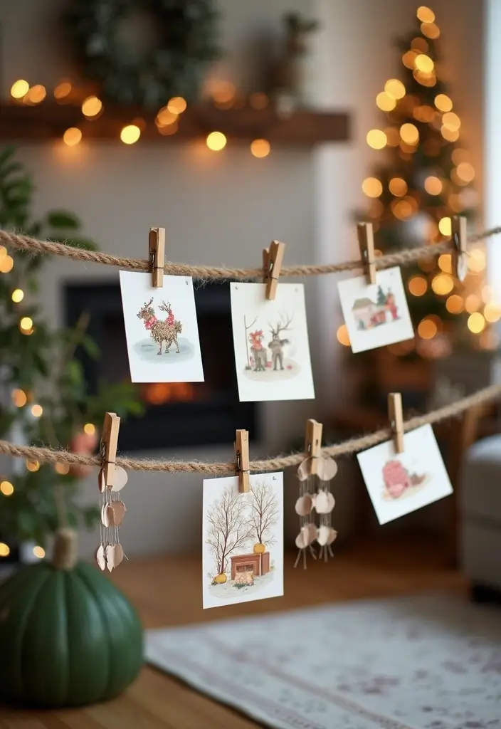 50 Christmas Decor Ideas for Living Rooms That Wow Guests Instantly - 10. Homemade Holiday Card Display