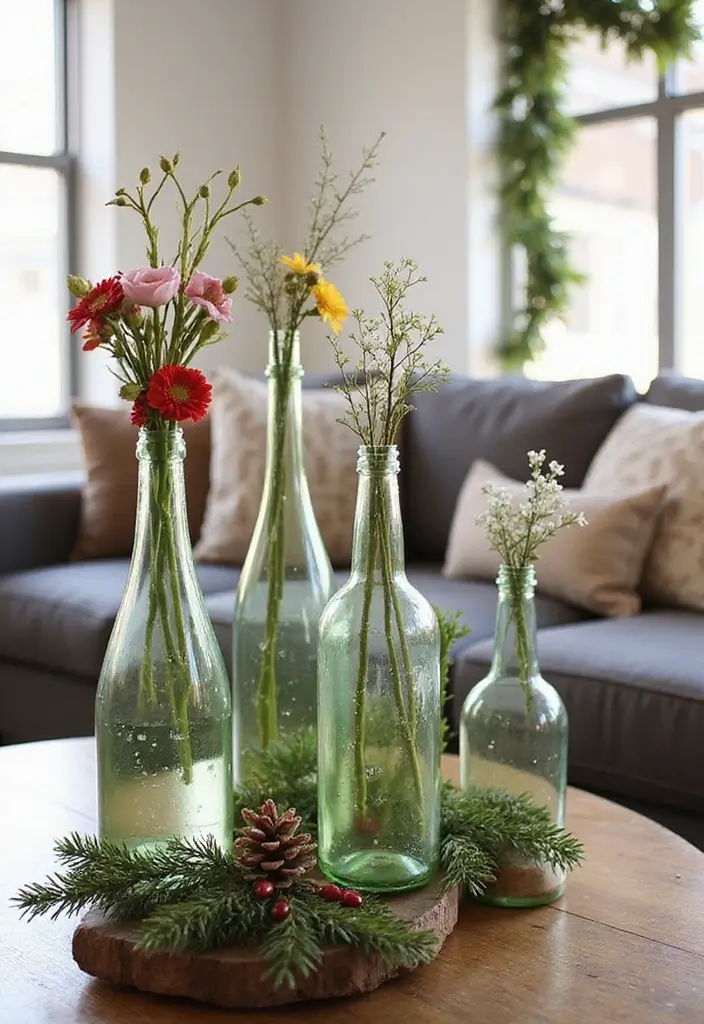50 Christmas Decor Ideas for Living Rooms That Wow Guests Instantly - 11. Upcycled Bottle Vases