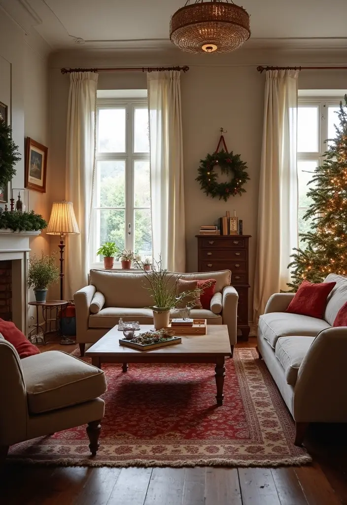 50 Christmas Decor Ideas for Living Rooms That Wow Guests Instantly - 24. Sustainable Furniture Arrangements
