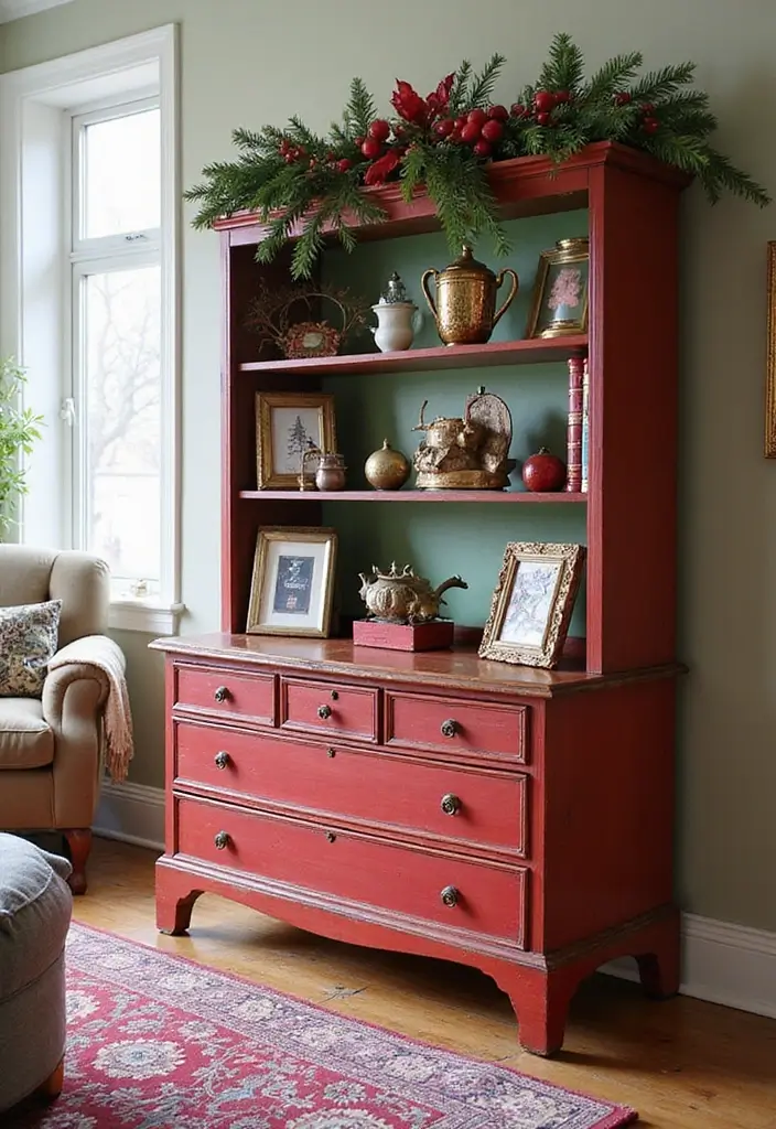 50 Christmas Decor Ideas for Living Rooms That Wow Guests Instantly - 29. Repurposed Furniture Decor