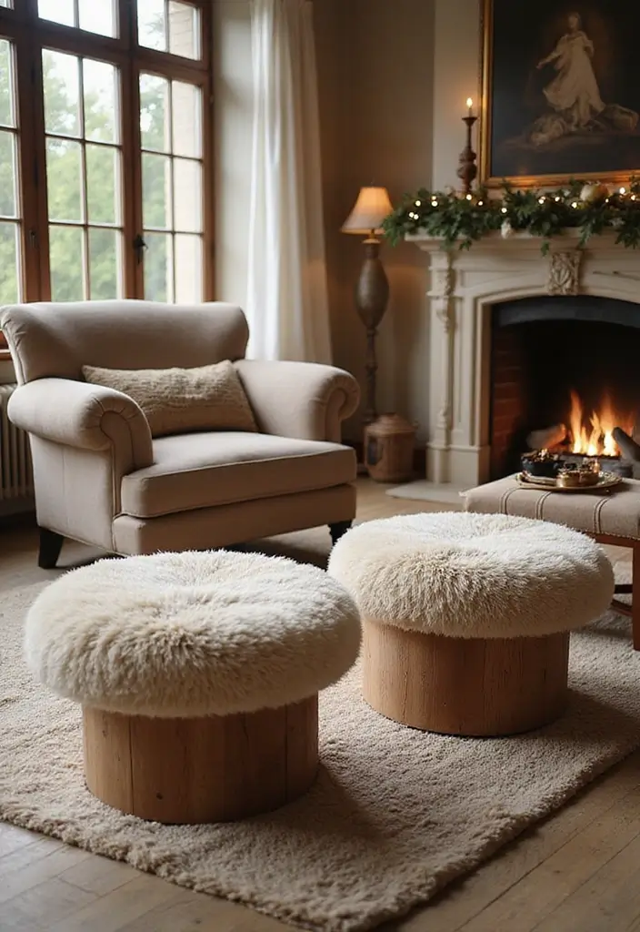 50 Christmas Decor Ideas for Living Rooms That Wow Guests Instantly - 31. Cozy Footrests