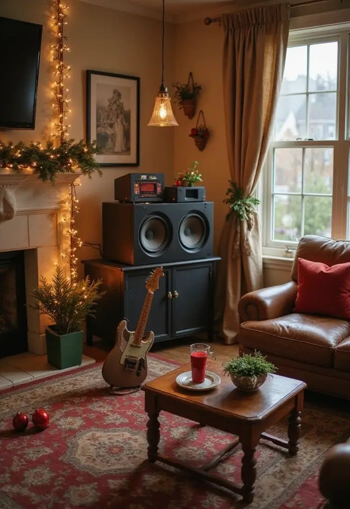 50 Christmas Decor Ideas for Living Rooms That Wow Guests Instantly - 32. Seasonal Music Station
