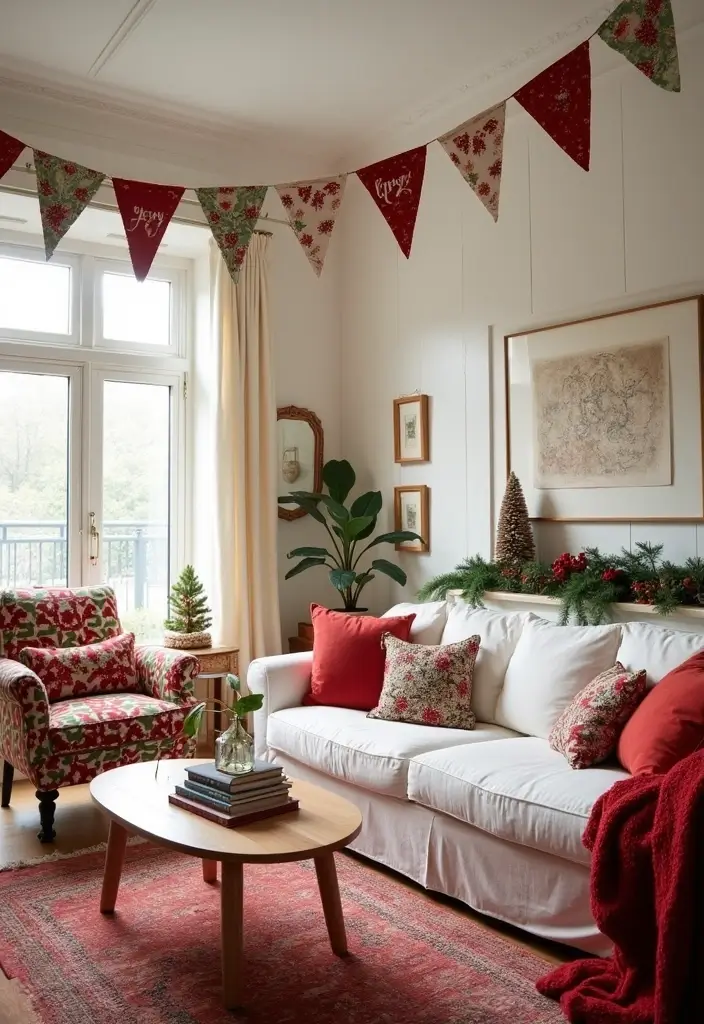 50 Christmas Decor Ideas for Living Rooms That Wow Guests Instantly - 41. Handmade Holiday Bunting