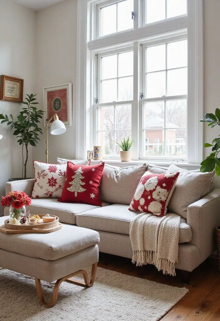 50 Christmas Decor Ideas for Living Rooms That Wow Guests Instantly - 48. Seasonal Fabric Swaps